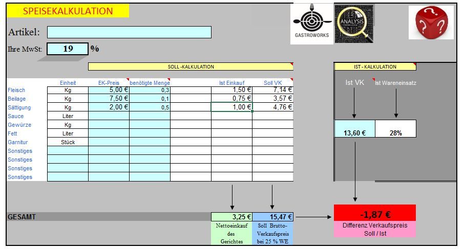 Excel-Preiskalkulation in der Gastronomie mit Deckungsbeitragsrechnung